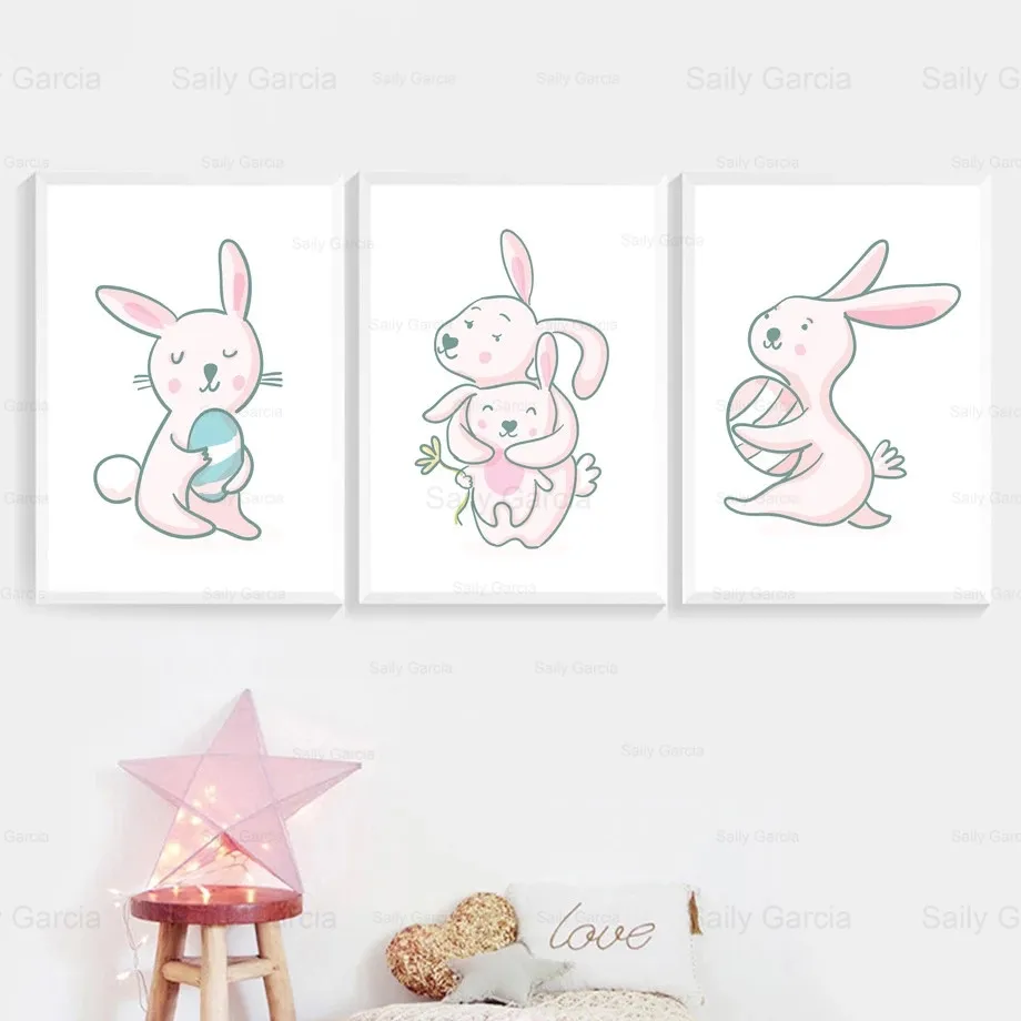 

Cute Bunny Hug Canvas Painting Cartoon Pink Poster Nursery Wallpaper Picture Decoration Kids Room Craft Print Nordic Style