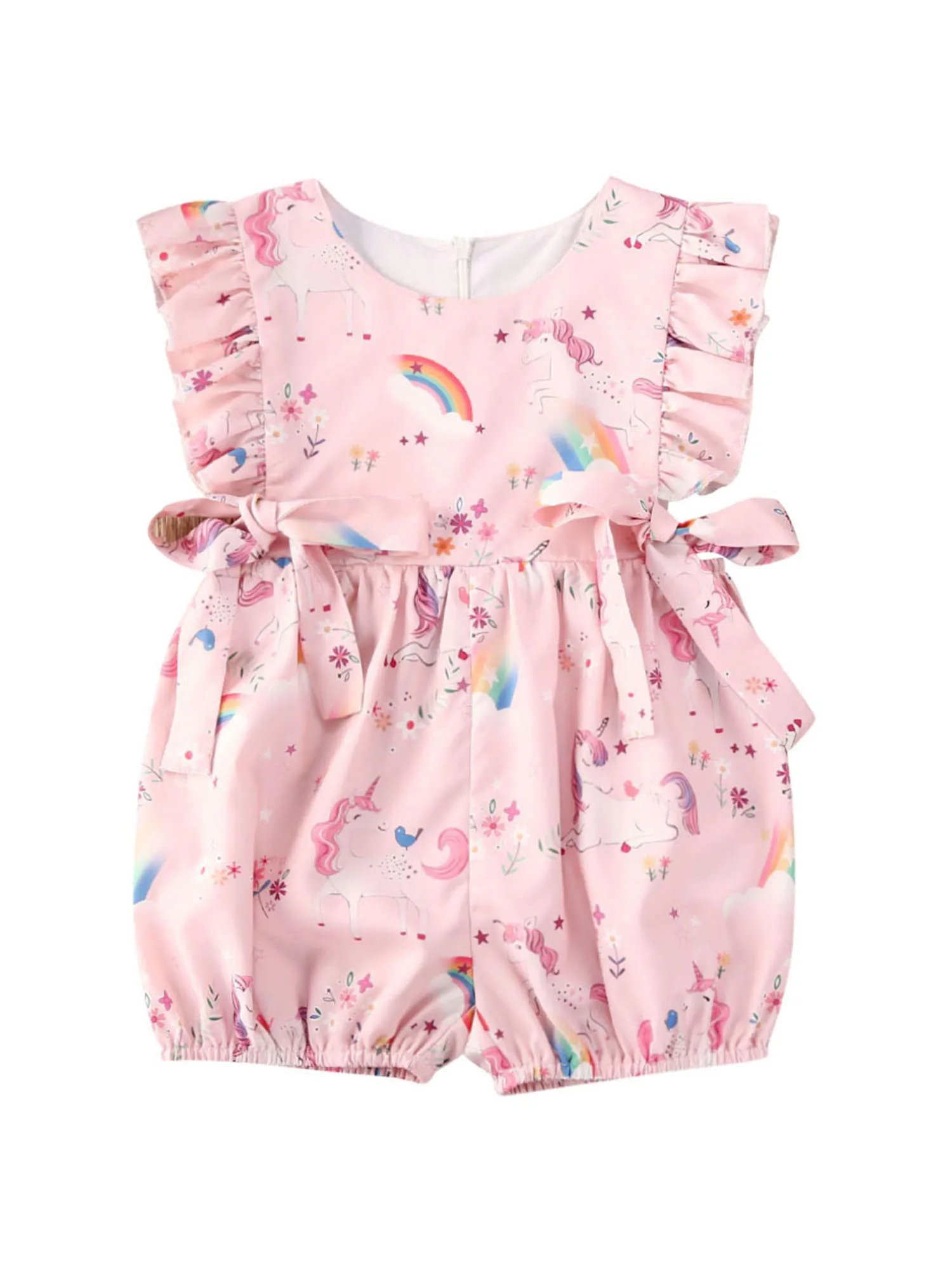 

0-24 Months Toddler Baby Girl Clothes Round Neck Flying Sleeve Cartoon Animal Rainbow Print Romper Summer Jumpsuit Comfortable