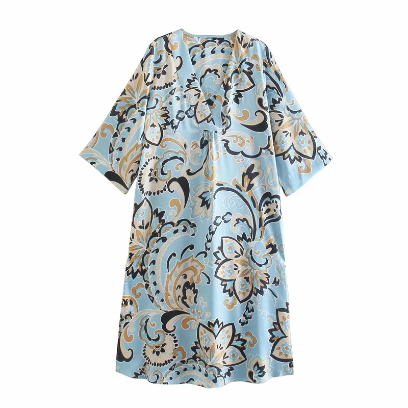 

Женское платье-туника средней длины Za, синее свободное платье с винтажным принтом, коротким рукавом, V-образным вырезом и боковыми разрезами...