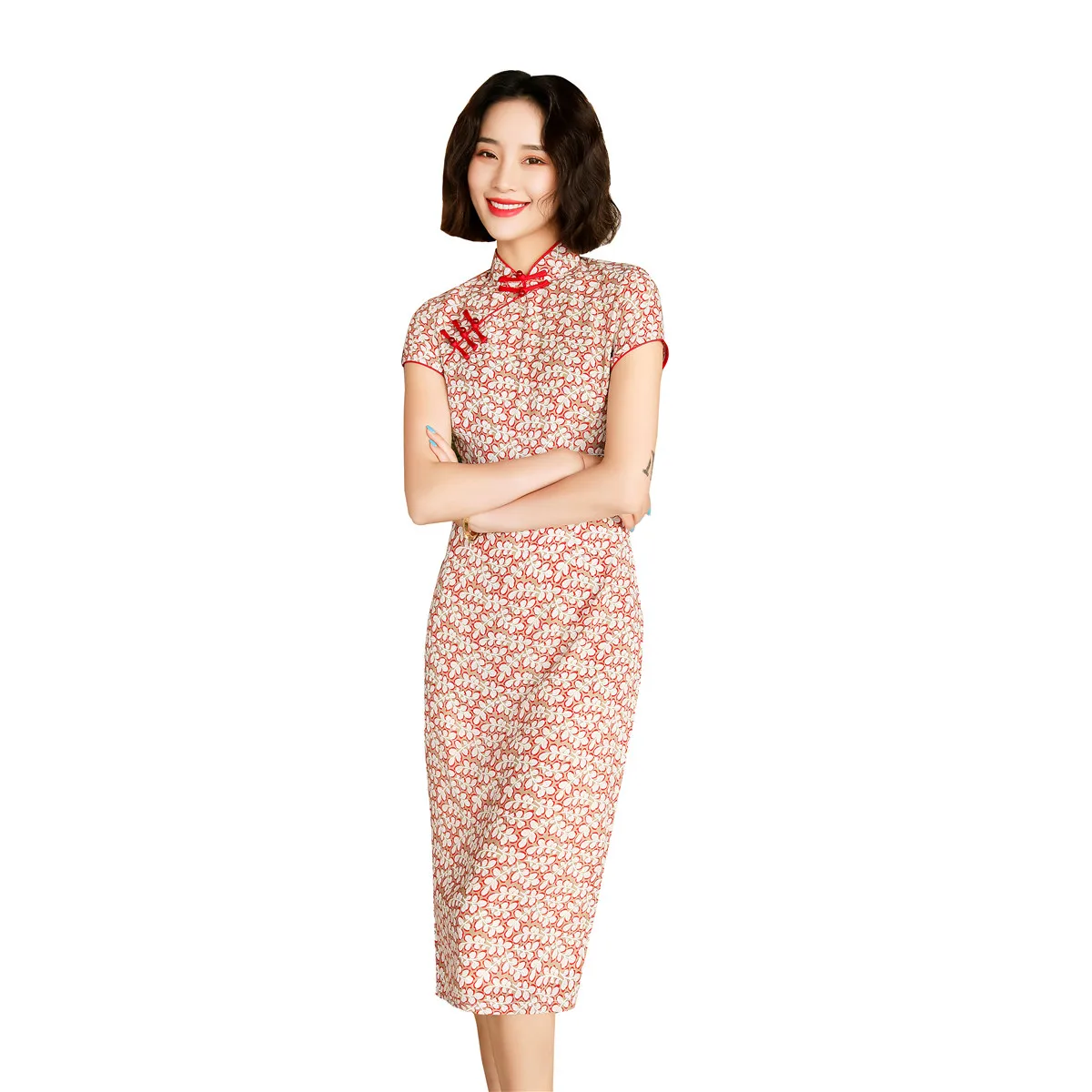 

Shanghai Story Short Sleeve Chinese Dress Faux Silk Cheongsam Knee Length Chiffon Qipao with Lining
