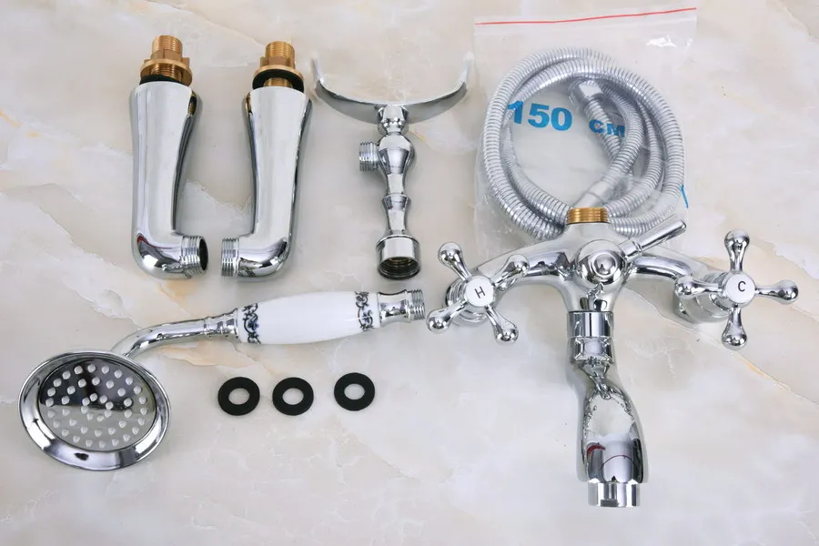 

Brass Polished Chrome Deck Mounted ClawFoot Bathroom Tub Faucet Dual Cross Handles Telephone Style Hand Shower Head ana122