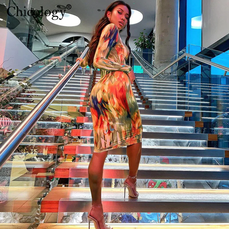 Chicology geometric print longs leeve v neck midi dress women sexy streetwear outfit 219 autumn winter party club casual clothes | Женская