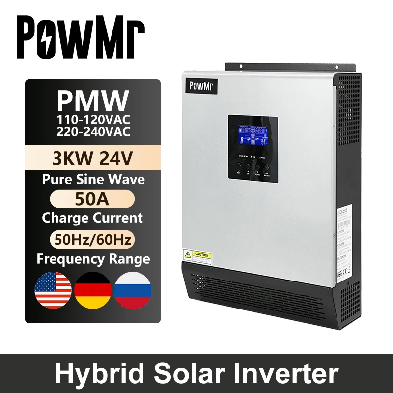 PowMr-inversor Solar 3KVA 24V 220V, inversor de onda sinusoidal pura, controlador de carga Solar PWM de 50A incorporado, cargador de batería de Panel Solar