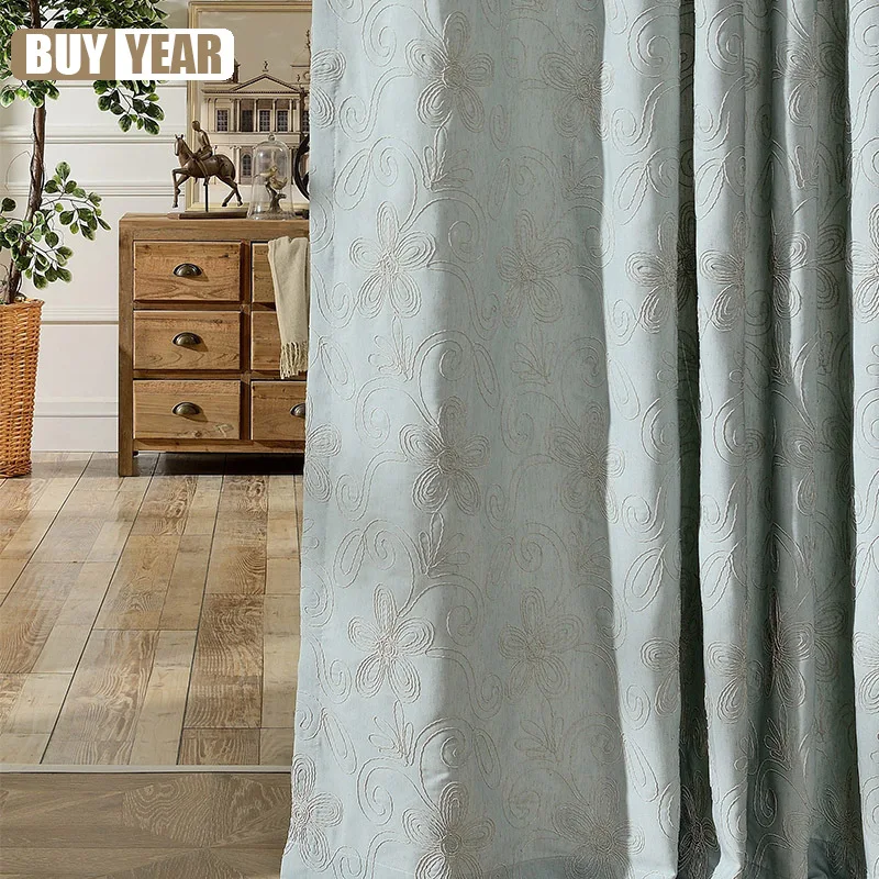 

Modern Simple Rural American Light Blue Cotton-Linen Line Embroidered Curtains for Bedroom Living Room Home Decoration Customiza