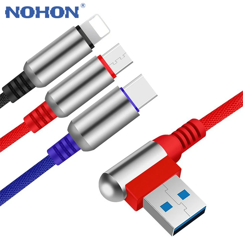 NOHON 3 в 1 пуля USB кабель для зарядки мобильного телефона type-C Micro USB 90 градусов 2.4A USB зарядное устройство Шнур для iPhone 11 Pro Max