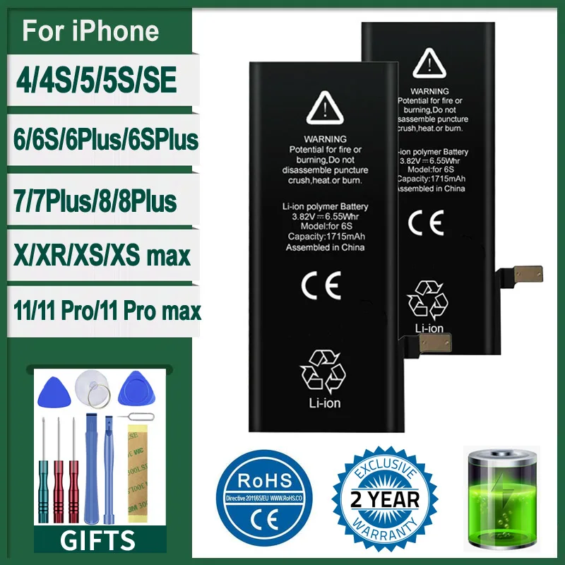 

New 0 Cycle Battery For iPhone 7 8 SE 2 4 4S 5 5S 5C 6 6S Plus X XR XS 11 Pro Max High Capacity Bateria Sticker Free Tools
