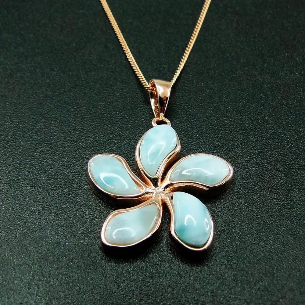 925 Sterling Silver Hawaiian Jewelry Natural Larimar 25mm Plumeria Flower Pendant Necklace For Gift |