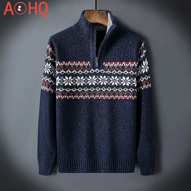 

Knitted Turtleneck Men Pullovers Thicke Autumn Winter Flower Christmas Mens Sweater Zipper Knitwear