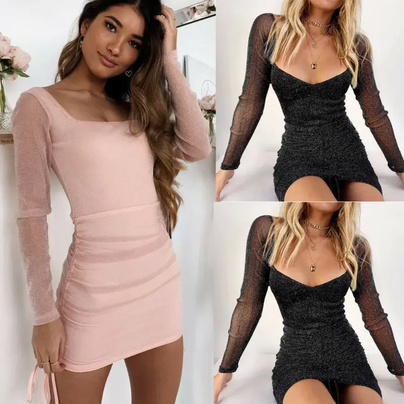 Brand New Womens Lady Bodycon Dress Bandage U Neck Bright Silk Femme Sexy Sheath Long Sleeve Party Club Mini Dresses | Женская одежда