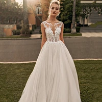 eightree sweep train a line wedding dress for bride with v neck sleeveless lace applique tulle backless bridal gowns custom made
