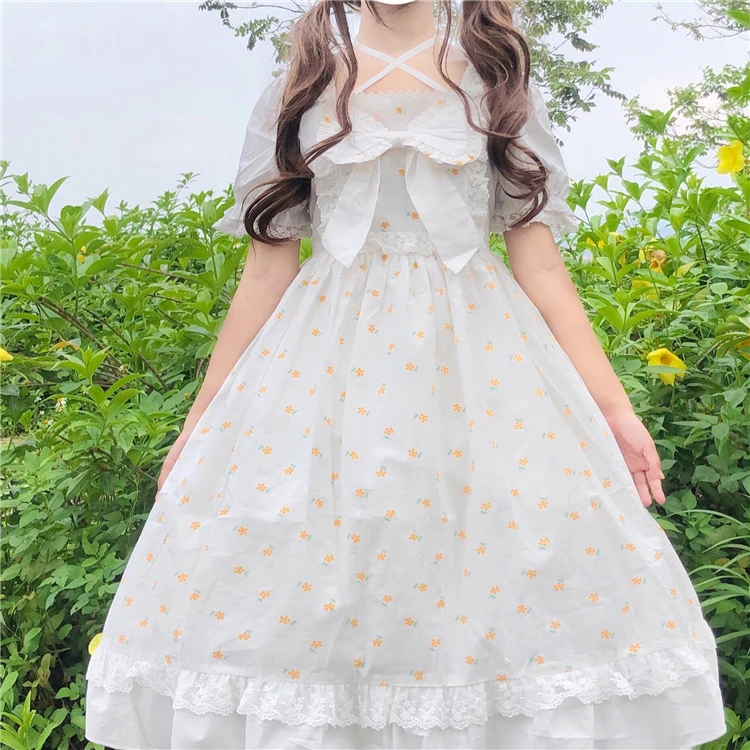 

Японское милое кружевное платье с боковым воротником и бантом, Цветочное платье с высокой талией и пышными рукавами, платье в стиле "Лолита",...