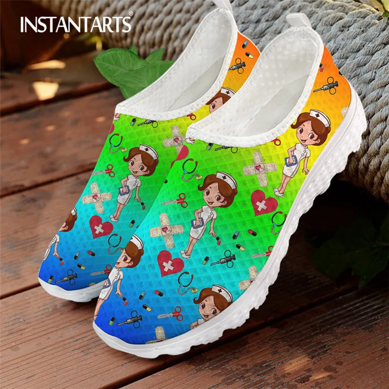 

INSTANTARTS Women Colorful Cartoon Nurse Flat Shoes 2021 New Rainbow Gradient Nursing Sneaker Breathable Mesh Footwear Mujer