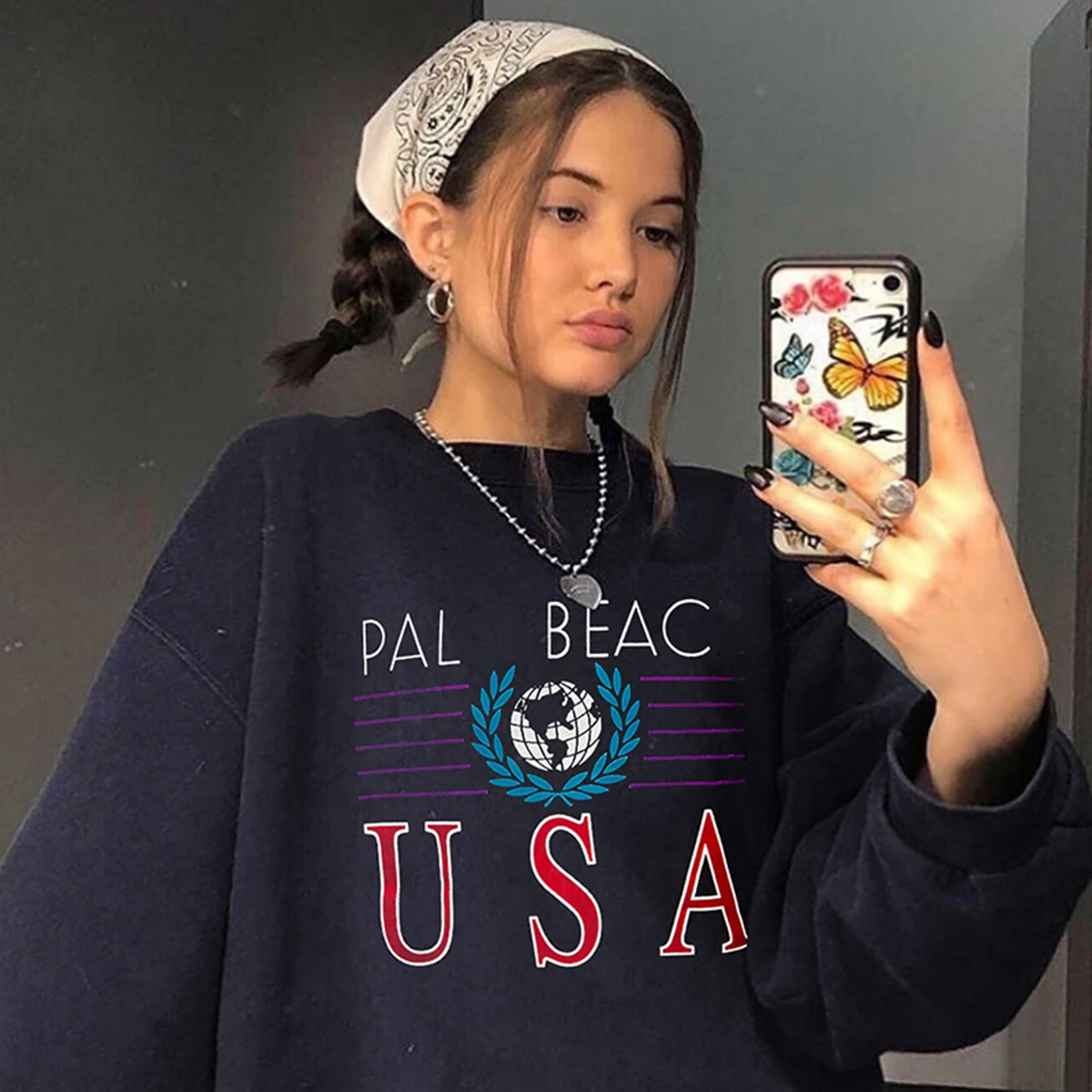 С винтажным принтом свободная толстовка женская повседневная шик из хлопка