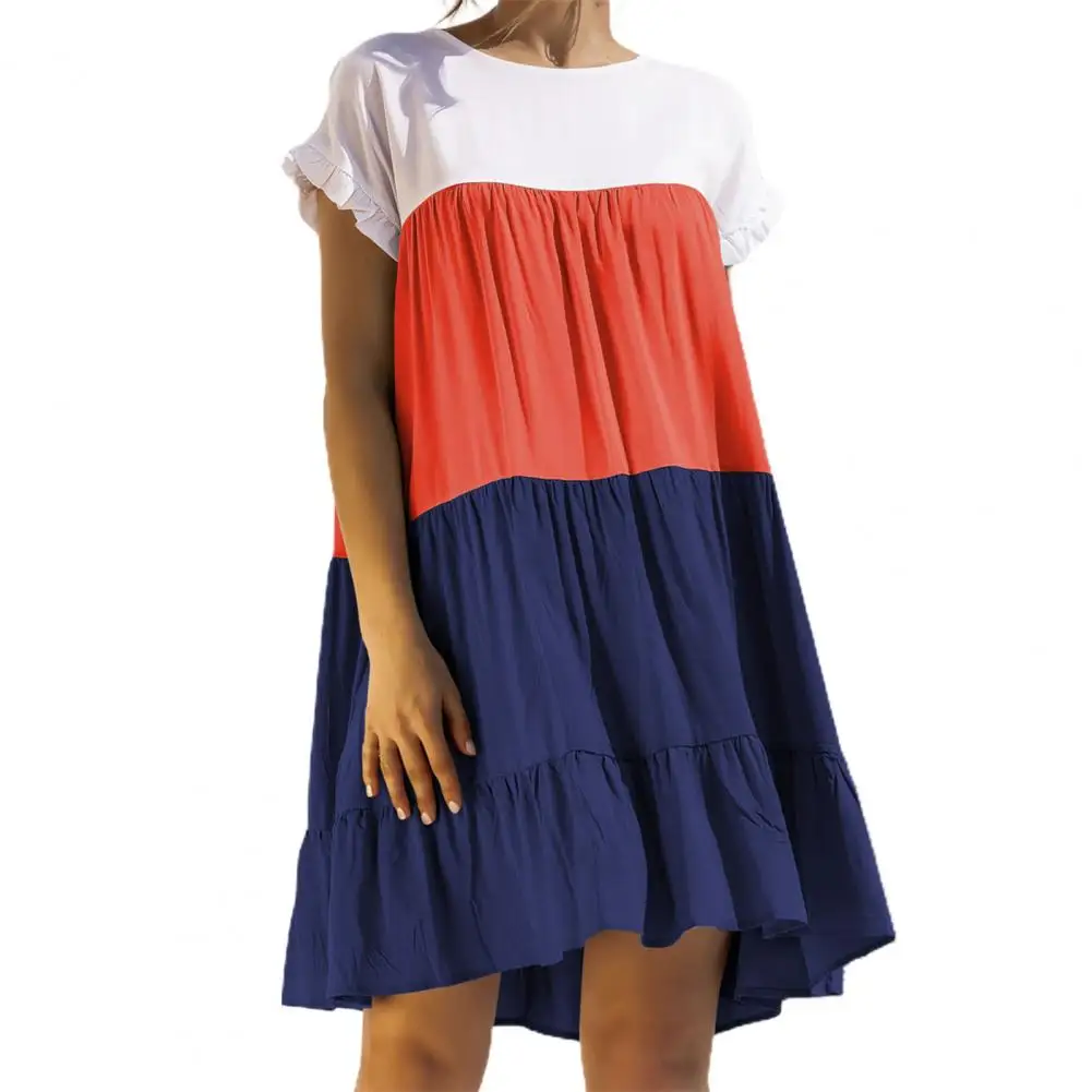 

Women Dress Short Sleeve Ruffle Color Block Large Hem Cotton Blend A-line Dress for Spring/Summer Street Wear 2021