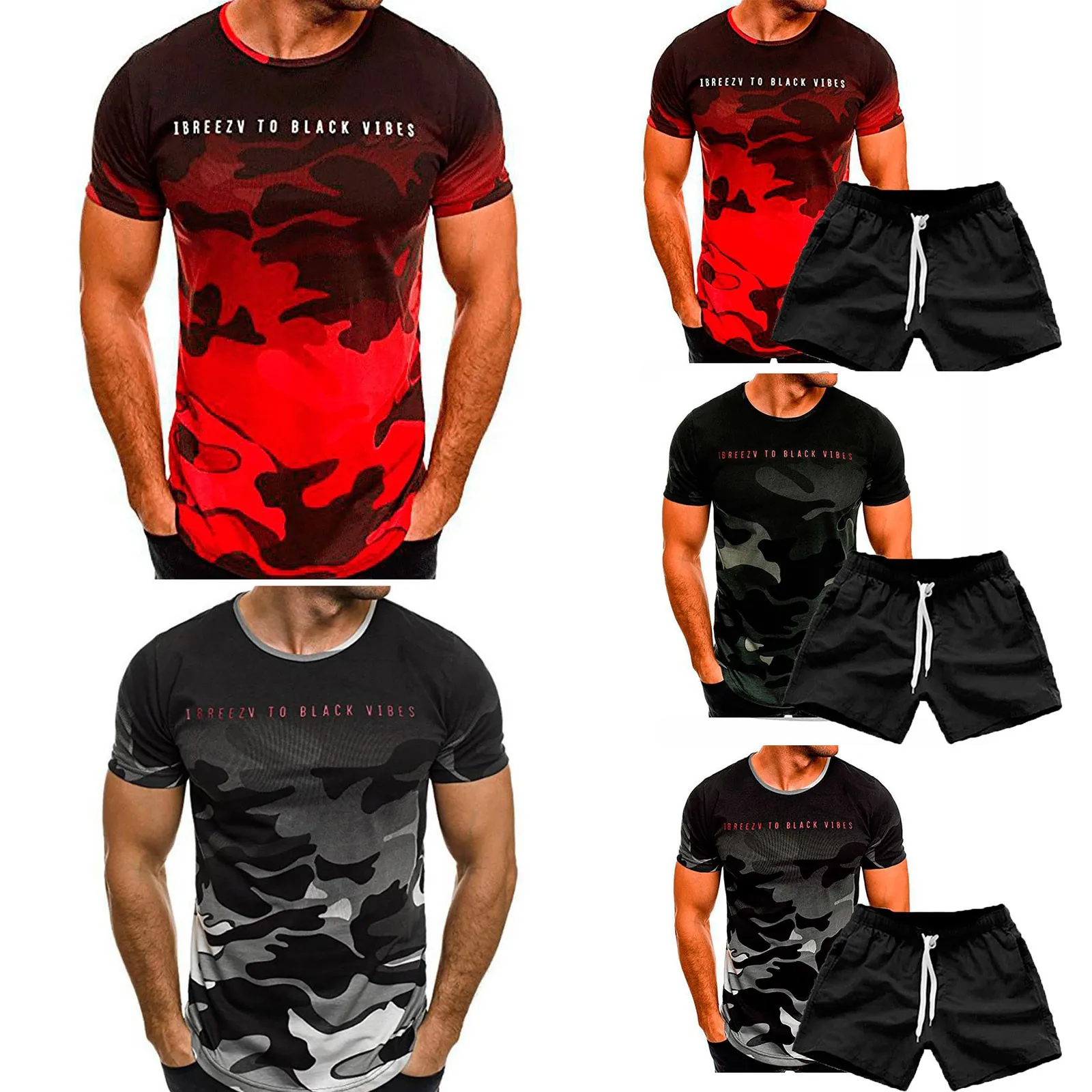 

Summer Printed Short Sleeve Casual Sport Suit 2021 Fashion Two Piece T-shirt Shorts Tracksuit Men Set Fitness Bodybuilding