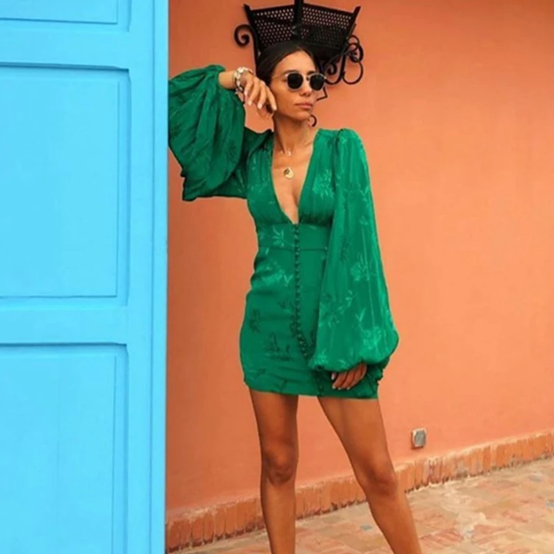 Женские атласные платья зеленое мини платье с глубоким V образным вырезом и