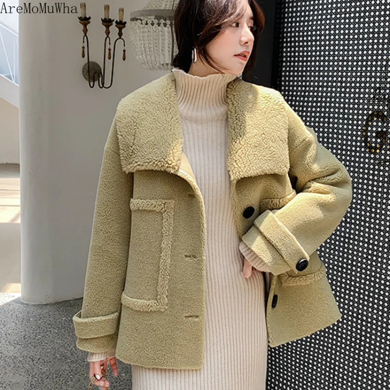 Новое зимнее меховое пальто AreMoMuWha из овечьей шерсти Дамское Свободное с