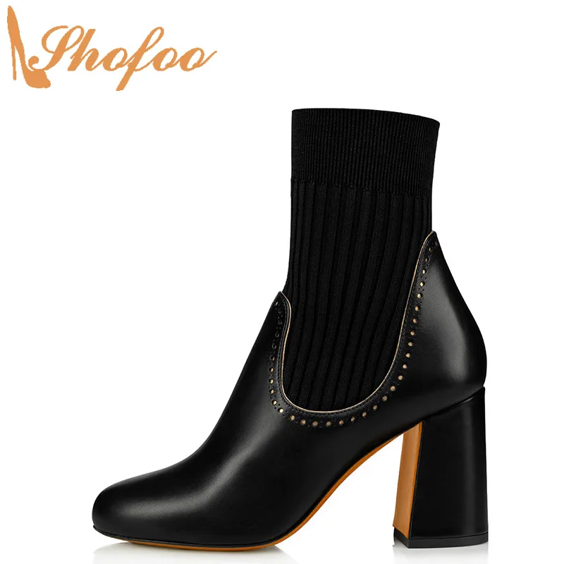 Черный носок ботильоны женские ботинки на высоком массивном каблуке с круглым