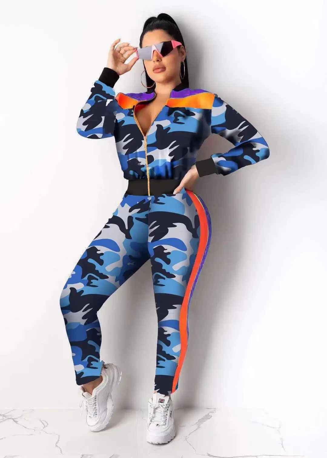 

Camouflage print color matching long zipper Women's tracksuit joggers Wholesale best top fashion sexy sweater two-piece suit