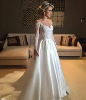 2021 a line lace satin wedding dresses of the shoulder long sleeve ribbon floor length bridal wedding gowns button back