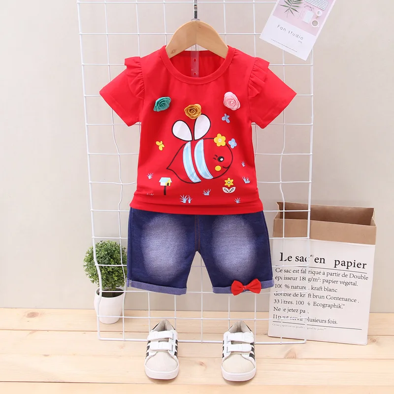 Летнее платье для девочек новый костюм с коротким рукавом футболка и джинсовые