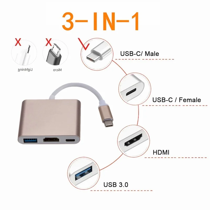 USB 3.1 Converter Usb C to HDMI Type Hdmi Adapter 3 in 1 hdmi HDMI/USB 3.0/Type-C Aluminum For Apple Macbook adapter | Электроника