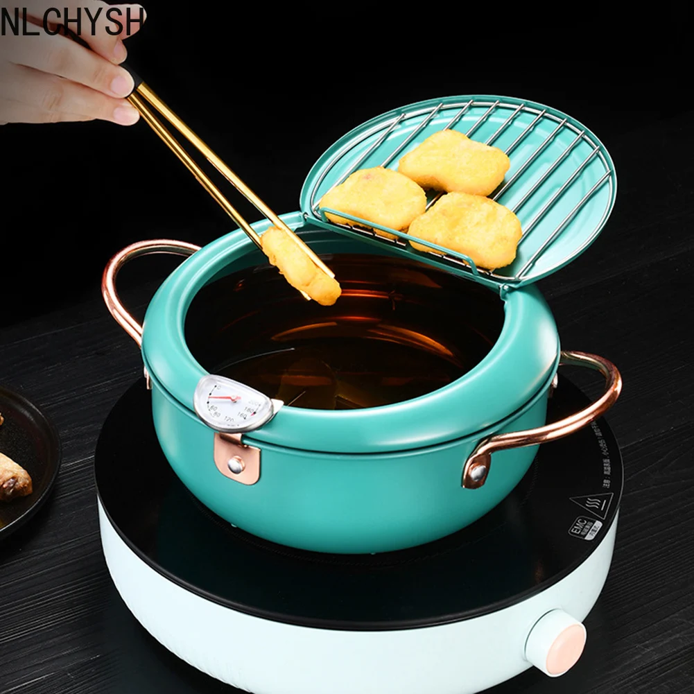

Japanese Tempura Deep Frying Pot with Measurable Thermometer Cover Stainless Steel Kitchen Fryer Pan 20/24cm Dark Green / Silver