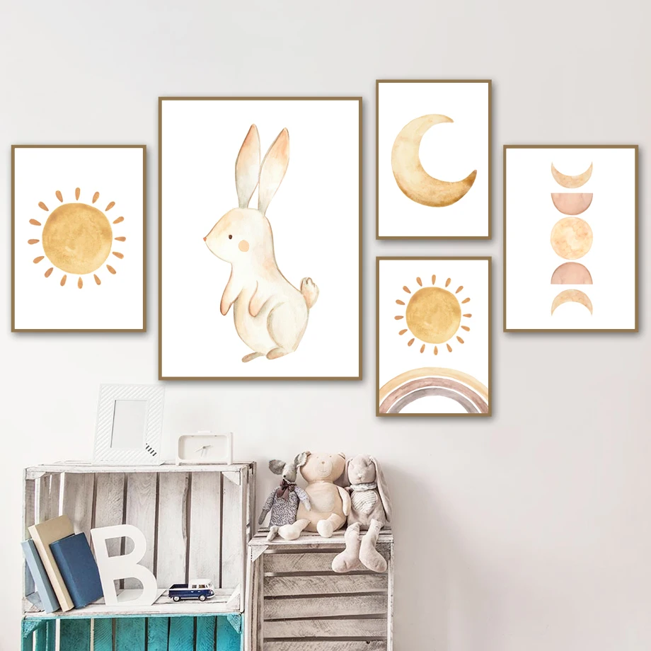 

Cartoon BearBunny Moon Sun Rainbow Cloud Nursery Wall Art Print Canvas Nordic Poster Painting Wall Picture Baby Kids Room Decor