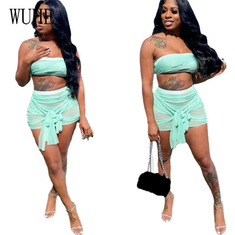 

KEXU Nightclub Party Two Piece Suits Sleeveless Breast Wrap Top Sexy Slim Mesh See Through Irregular Bandage Mini Skirts Outfits