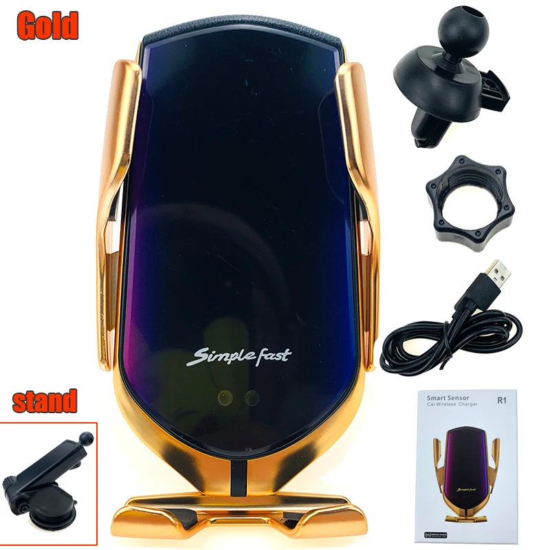 Gold with Stand Qi быстрая 10 Вт Беспроводная зарядная станция R1 автоматический зажимной держатель телефона автомобильное беспроводное зарядное устройство для IPhone huawei samsung - Тип штекера: Gold with Stand