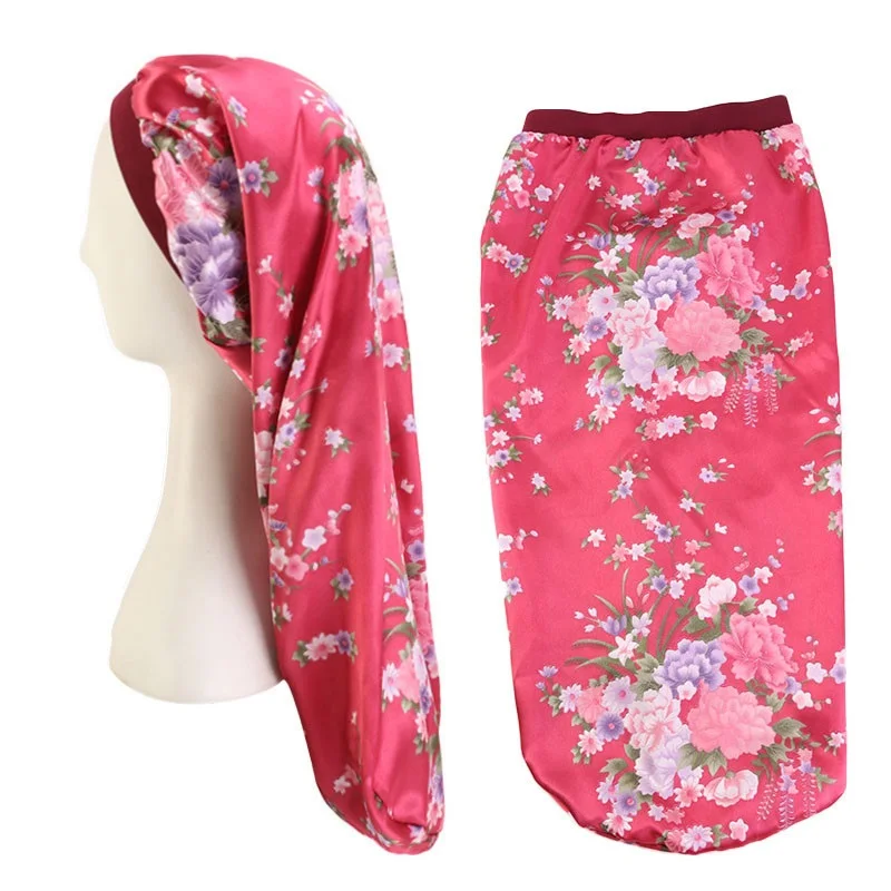 

New wide brim long cap silk like printing elastic headtie