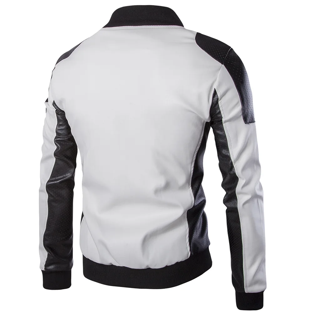 2019 mens Black white patchwork leather jacket Casual stand collar zipper PU Bomber male autumn Baseball coat Jaqueta 5XL | Мужская
