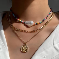 multilayer colorful beads irregular pearl choker necklace for women vintage golden portrait coin pendant necklace boho jewelry