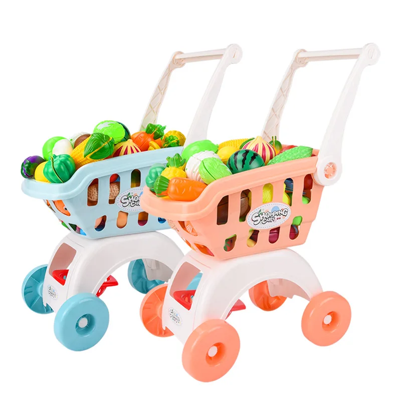 أطفال كبيرة عربة تسوق في المتجر عربة دفع سيارات لعب سلة محاكاة قطع الفاكهة الغذاء الصغير التظاهر اللعب منزل ألعاب بنات