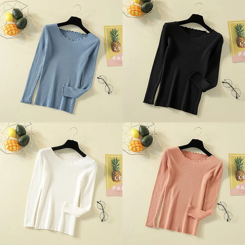 

Fashion Korean Women Knitted Sweater Slim Petal Collar Shirt Elastic Bottoming Pullover