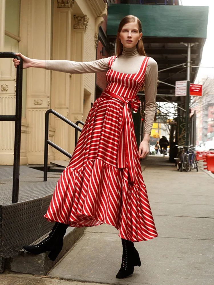 Женское платье с тонкими лямками весеннее/летнее пляжное принтом в полоску