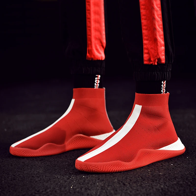 

Hot Sell Men Knitting Comfortable Socks Shoes Men Casual Sport Shoes High Top Fly Weaving Sneakers Wear-resistant Jogging Shoes