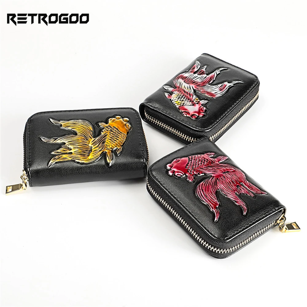 RETROGOO Genuine Leather Women Wallet Card Holder RFID Blocking Credit Card Holder Female Money Bag Zipper Clutch Short Wallets