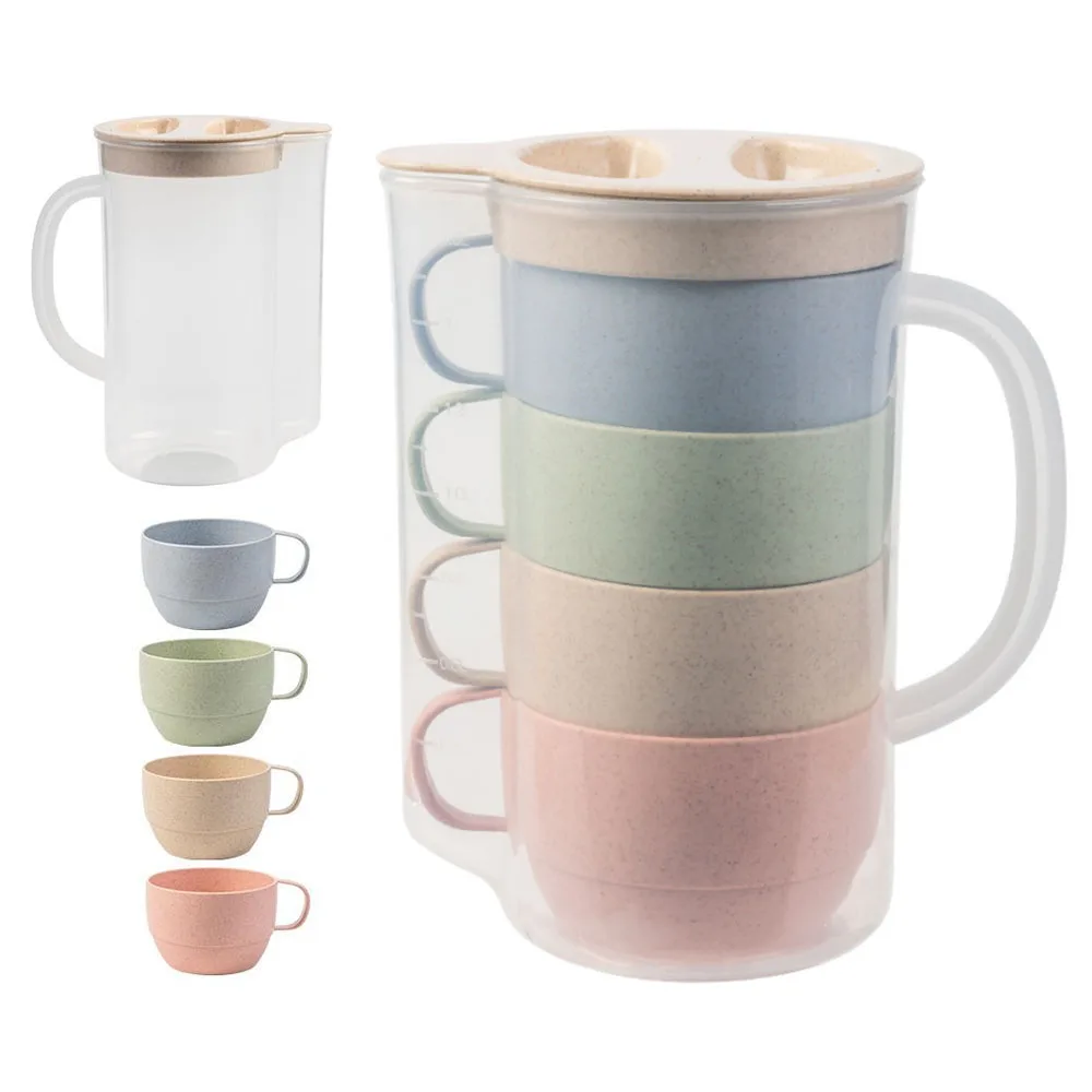 

HPDEAR Wheat Straw Pitcher Set with 4 Cups, Measuring Pitcher for Lemonade Tea Beverage, Kitchenware Gift, Microwave, 40oz