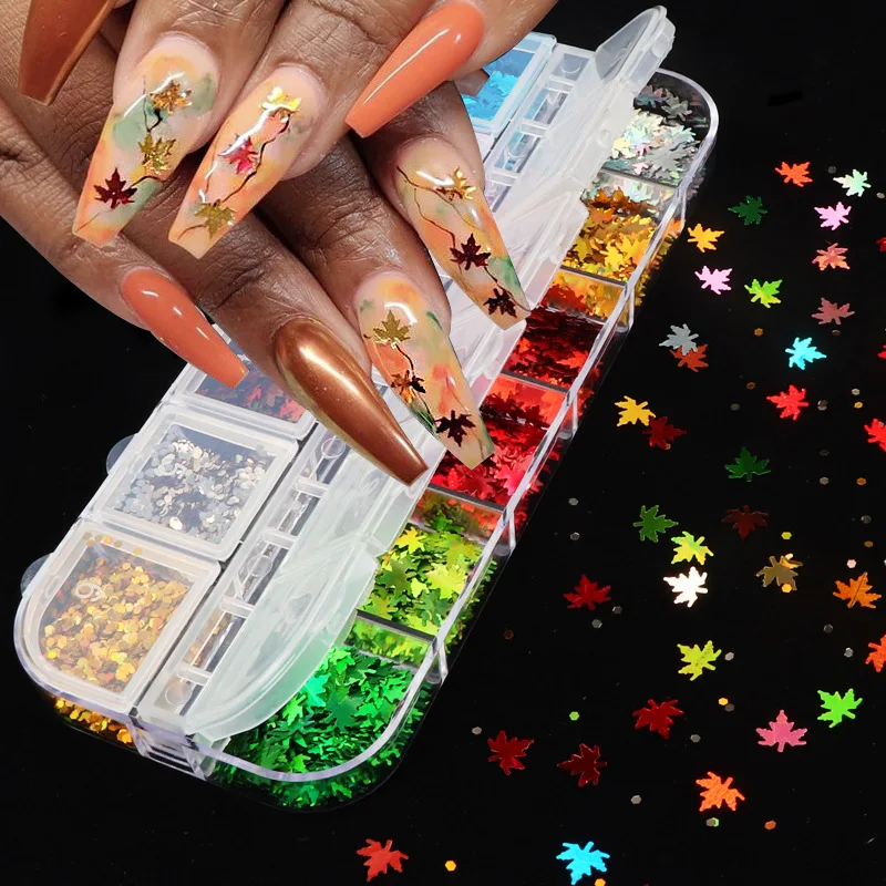 

Holographic 12 Color Set Laser Maple Leaf Sequins Chameleon Nail Art Color Leaf Sequins Nail Art Decoration Manicure