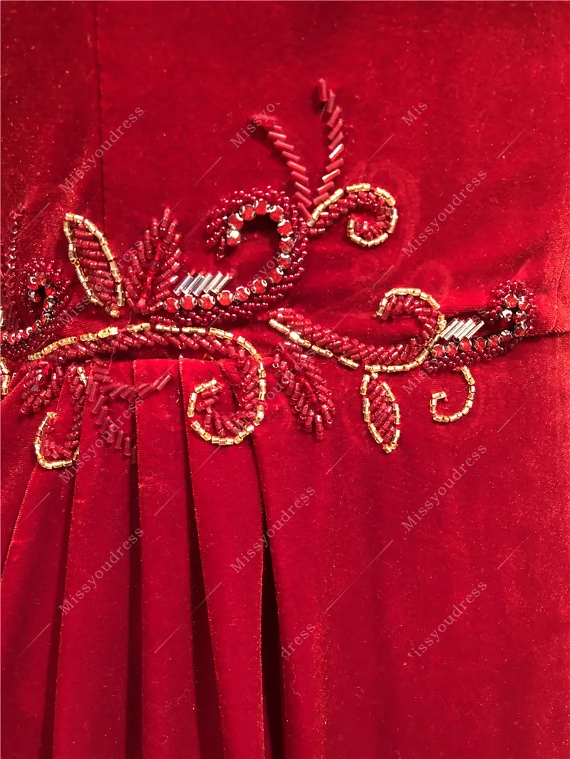 Red Velvet Customized Made Real Photos Heavy Beads Full Sleeves Straight Floor Length Evening Party Prom Dance Dress Gown