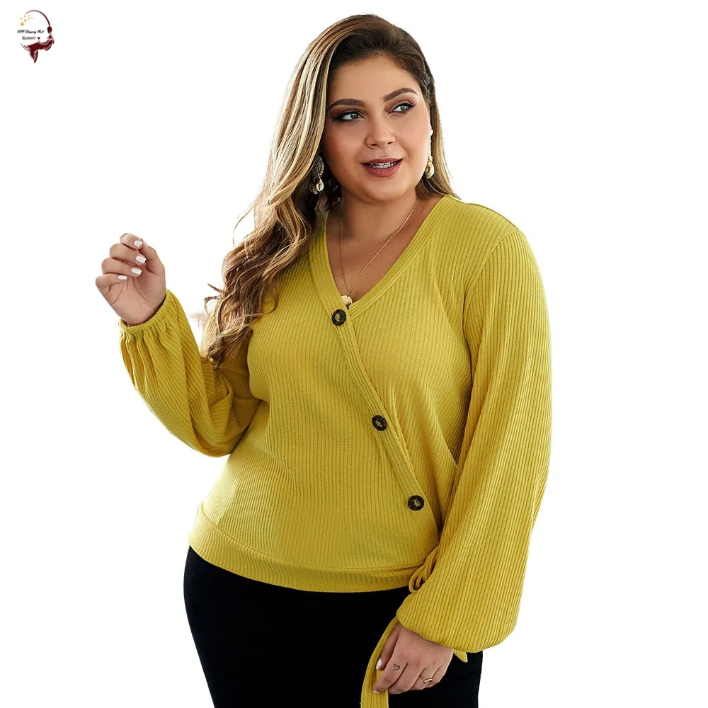 Вязаный свитер для девушек Вязанный с v-образным вырезом длинный рукав