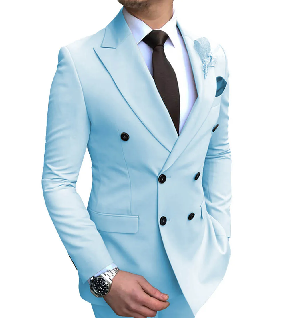 baby blue Новинка, 1 шт., Мужской Блейзер, пиджак, приталенный, двубортный, с отворотом, пиджак для свадьбы, жениха - Цвет: baby blue