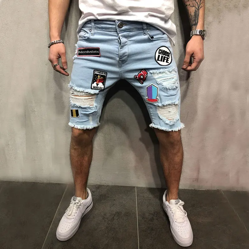 Summer Men Stretchy Ripped Skinny Biker Embroidery Print Jeans Shorts Destroyed Hole Taped Slim Fit High Quality Denim Shorts
