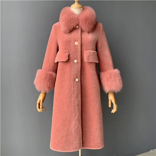 blush MAOMAOFUR/шерстяное пальто для женщин с натуральным лисьим меховым воротником и манжетами; теплая верхняя одежда для женщин; Новая модная длинная стильная куртка из натурального овечьего меха - Цвет: blush