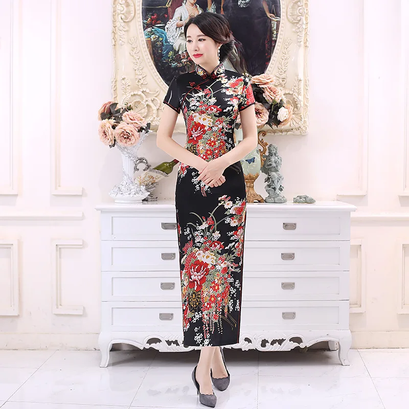 

Black Size 6XL Chinese Lady Sexy Short Sleeve Cheongsam Long Qipao Traditioanl Casual Dress For Women Mandarin Collar Dress