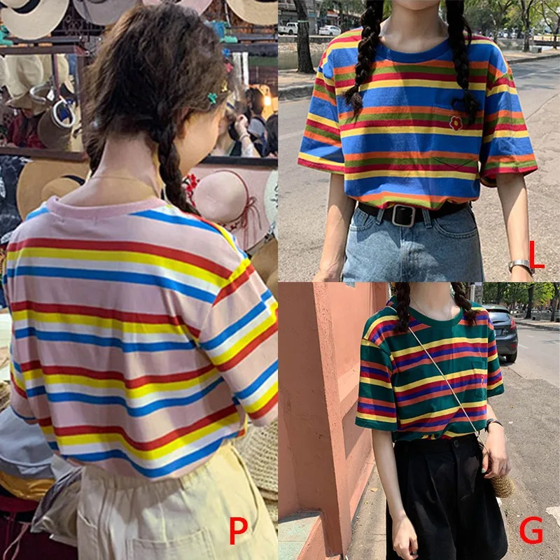 

Women's Fashion Summer Casual T Shirt Short Sleeve O-Neck Rainbow Striped Flower Loose Tee