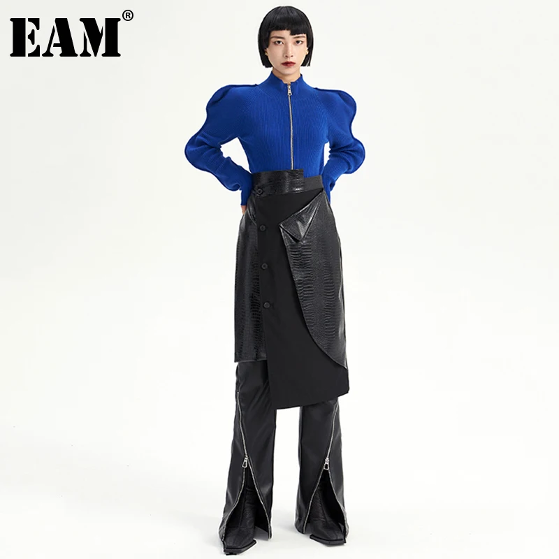 

[EAM] High Waist Black Pu Leather Irregular Long Elegant Half-body Skirt Women Fashion Tide New Spring Autumn 2022 1DE5743