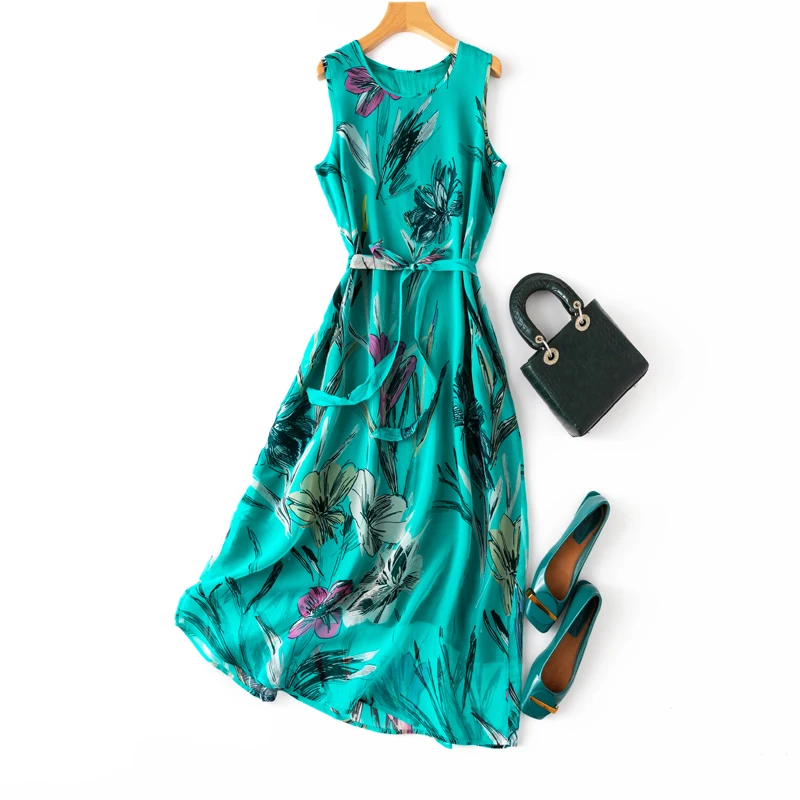 

SHUCHAN Holiday Dress Vestiti Donna Estate In Seta Beach Style Sashes Mid-Calf Summer Dresses Women Print Sleeveless