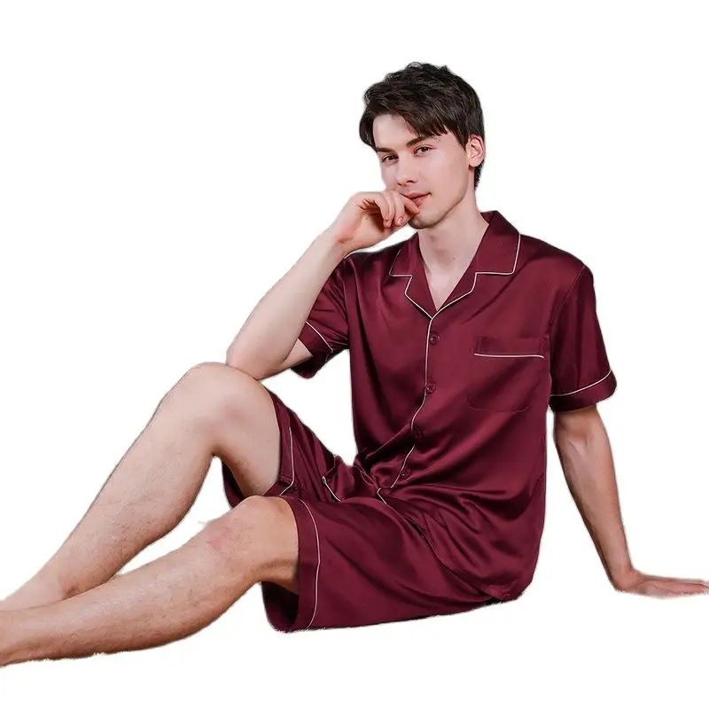 Fashion Men's Silk Satin Pajama Set Solid Color Short Sleeve Button T-Shirt Top with Elastic Belt Boxer Shorts Pajamas%100